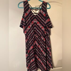 Maurice's Cold Shoulder Navy Blue Pink Floral Midi Dress Blouson